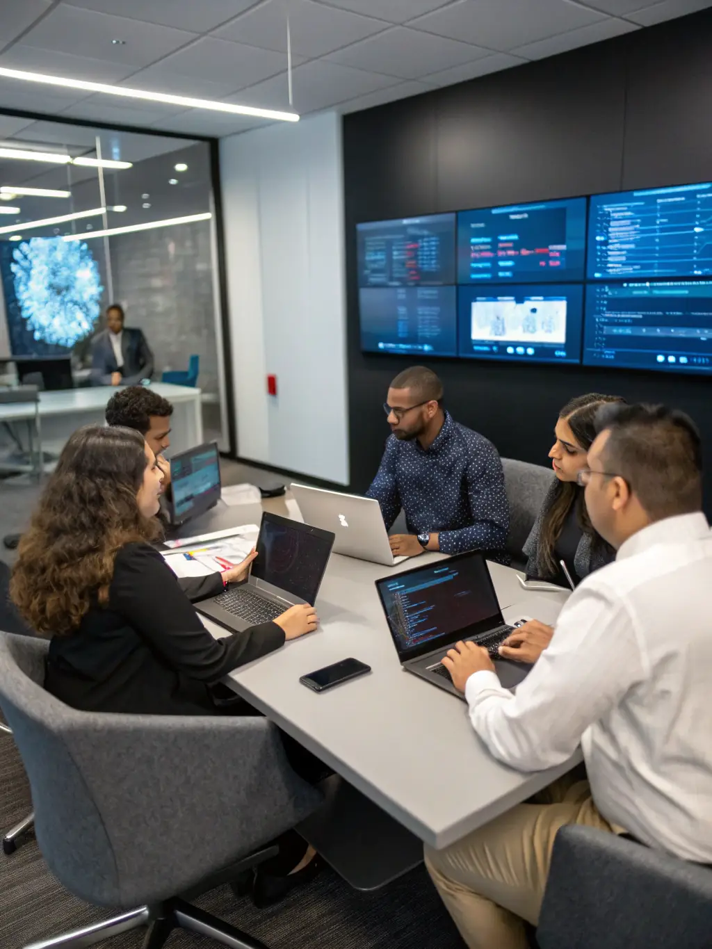 A team of consultants collaborating with tech professionals in a modern innovation lab, utilizing neuro-based insights to develop new solutions.