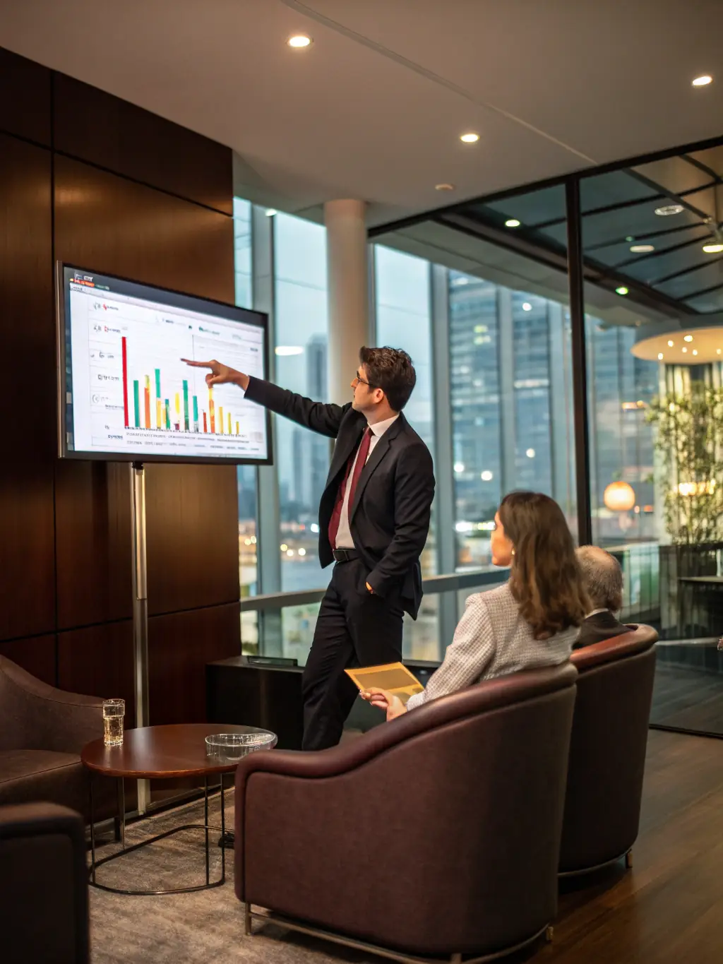 An executive coach working with a client in a modern office setting, utilizing neurofeedback tools to enhance leadership skills.