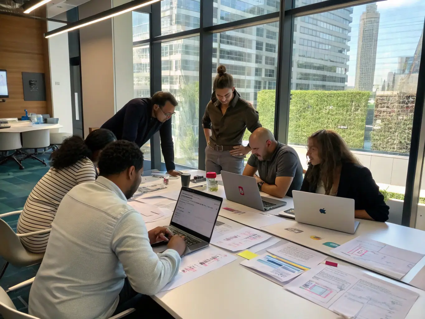 A diverse team of tech professionals brainstorming ideas in a modern, collaborative workspace, emphasizing the neurodiversity advantage.