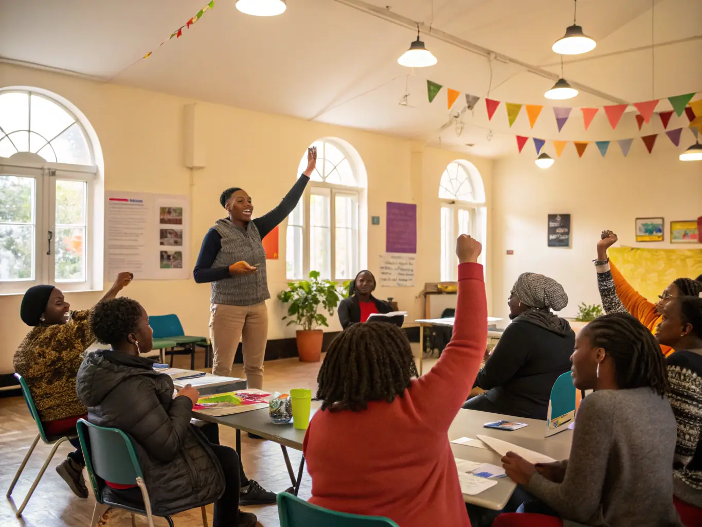 A photograph of a diverse group of people participating in a NeuroVantageAI Foundation workshop, focusing on neurodiversity awareness and inclusion, set in a modern, brightly lit community center.